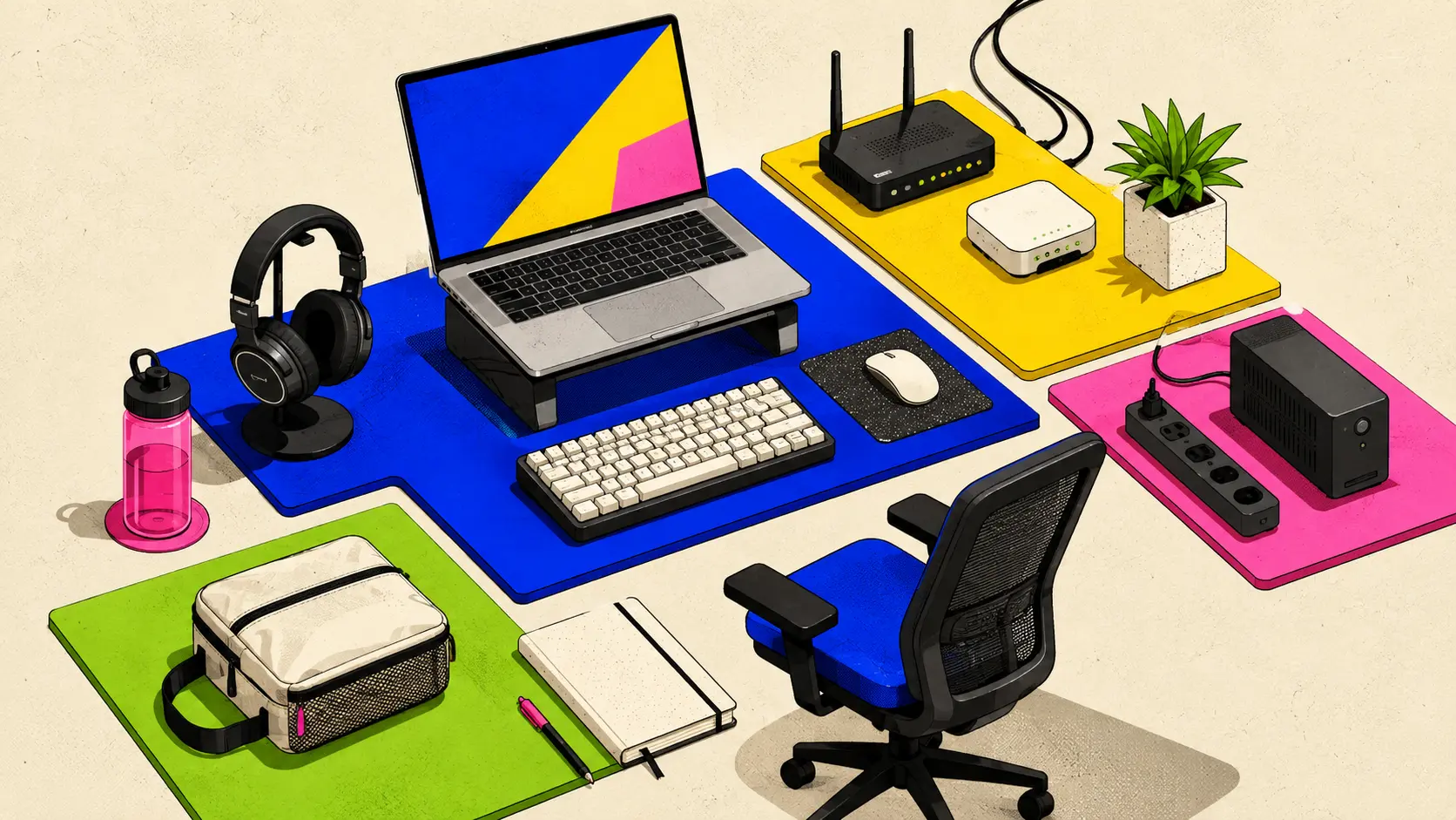 Neo-brutalist remote-work kit with a laptop, headset, router, backup power, chair and travel pouch