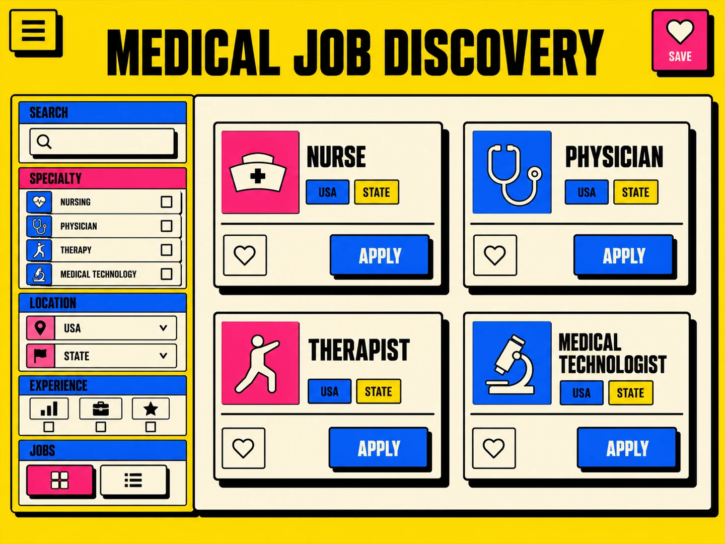 Avent medical job discovery interface with healthcare specialty and USA location filters