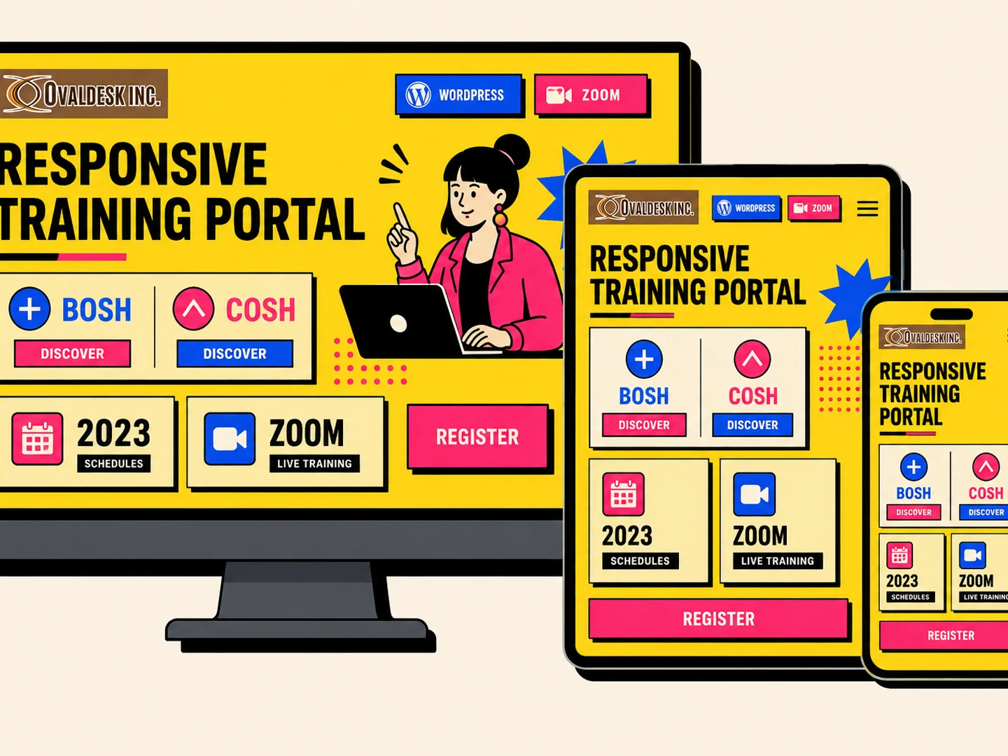 Ovaldesk neo-brutalist responsive WordPress and Zoom training portal