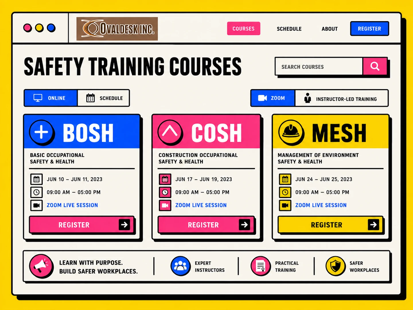 Ovaldesk neo-brutalist BOSH, COSH and MESH safety training course discovery interface