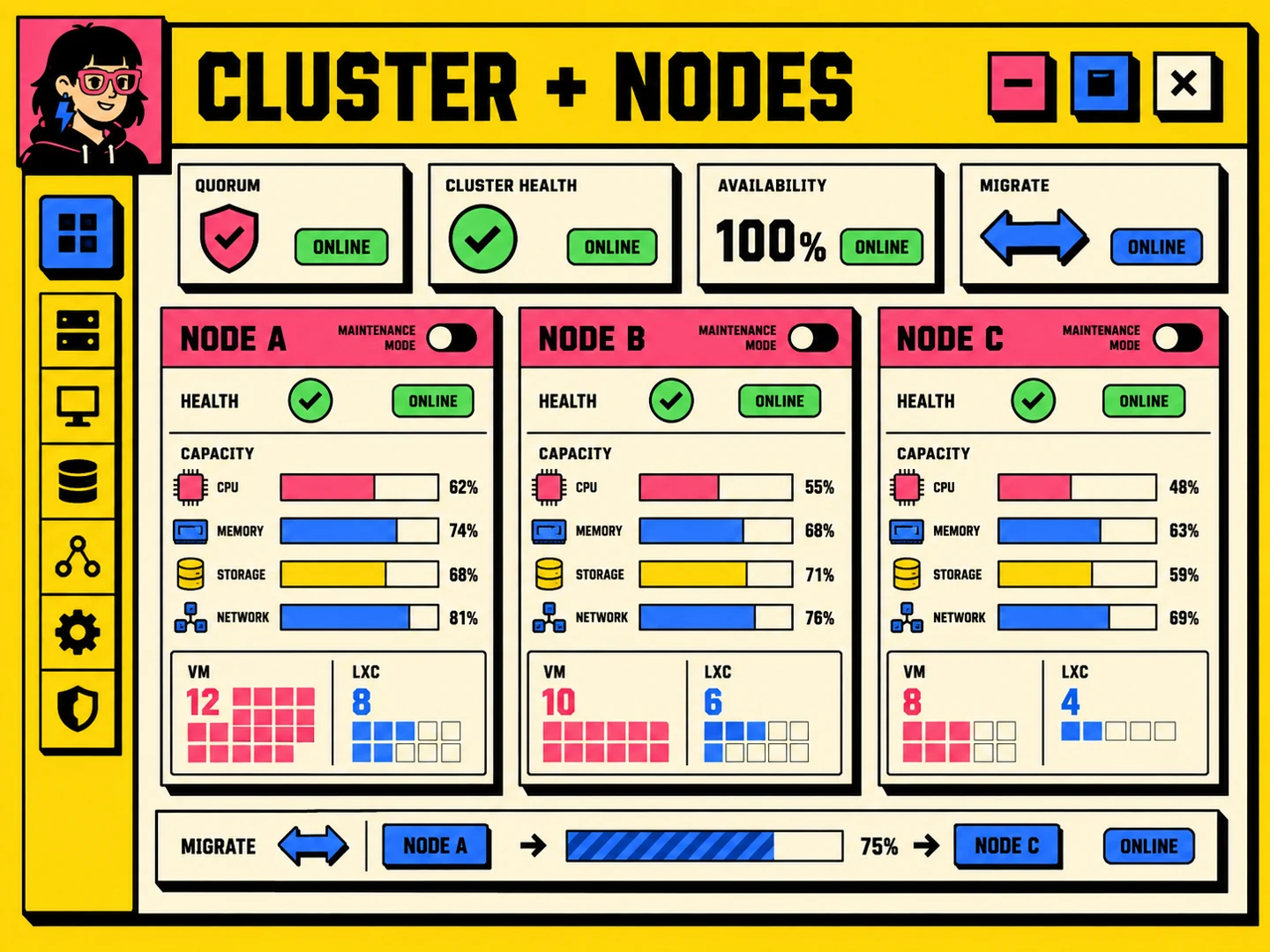 Proxmox cluster and node capacity dashboard with VM and LXC workload distribution