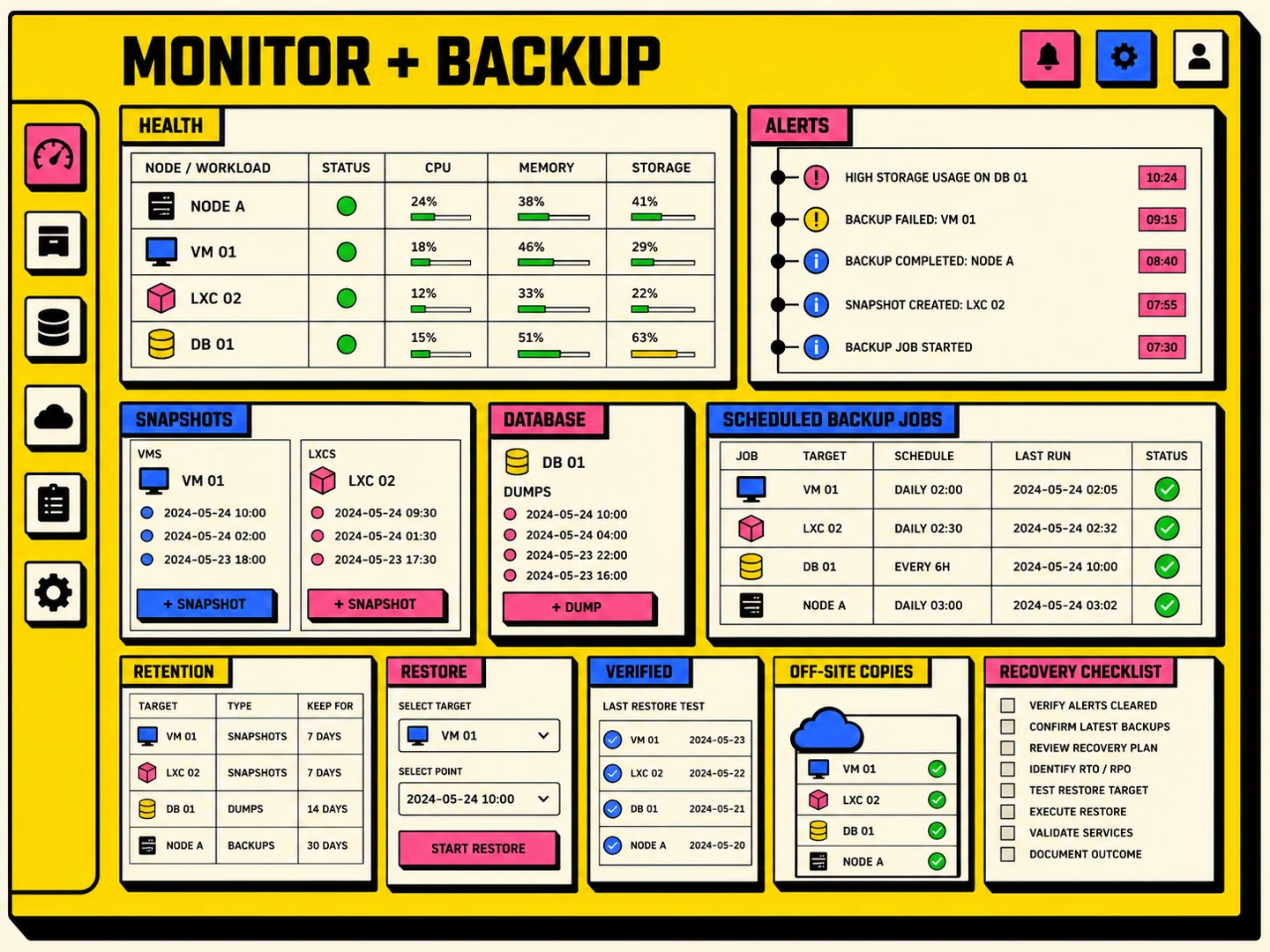 Proxmox node, workload, database monitoring, backup and recovery dashboard