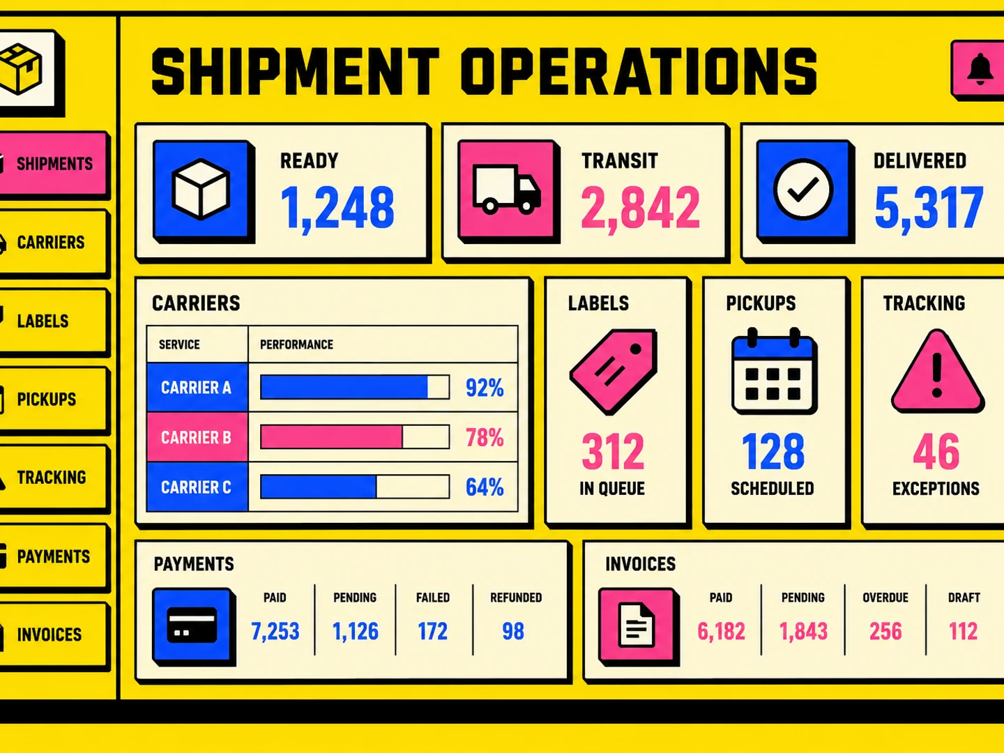 Shipment SaaS carrier, label, pickup, tracking, payment and invoice operations dashboard