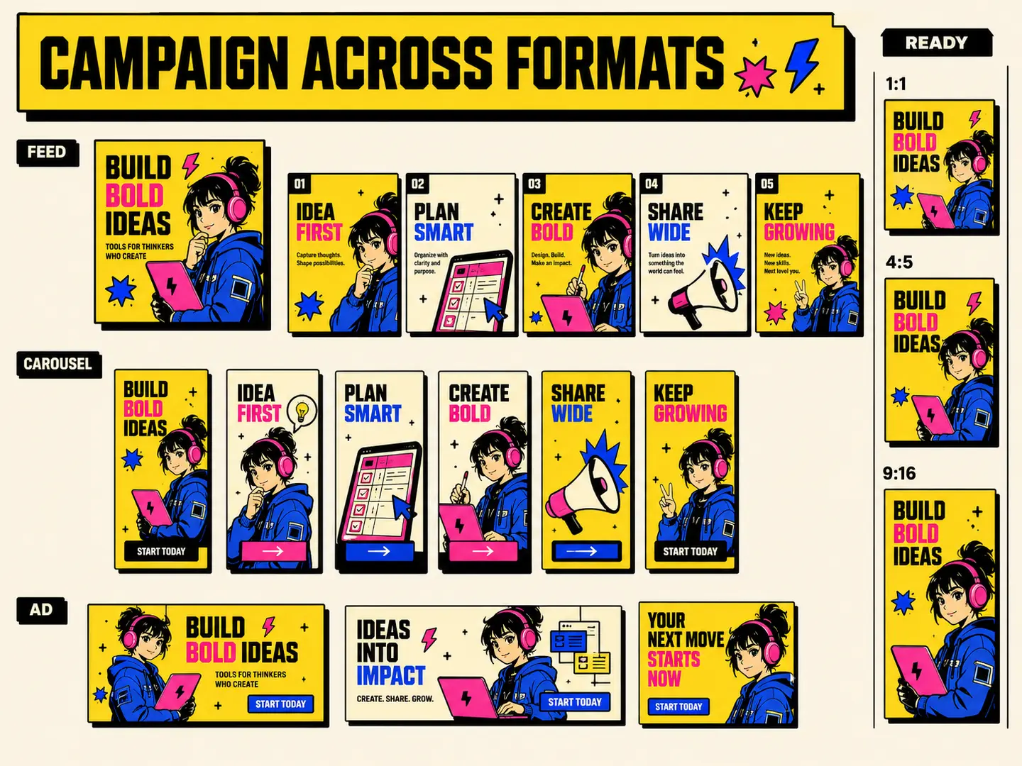 Social media campaign adapted across feed, carousel, story and advertising formats