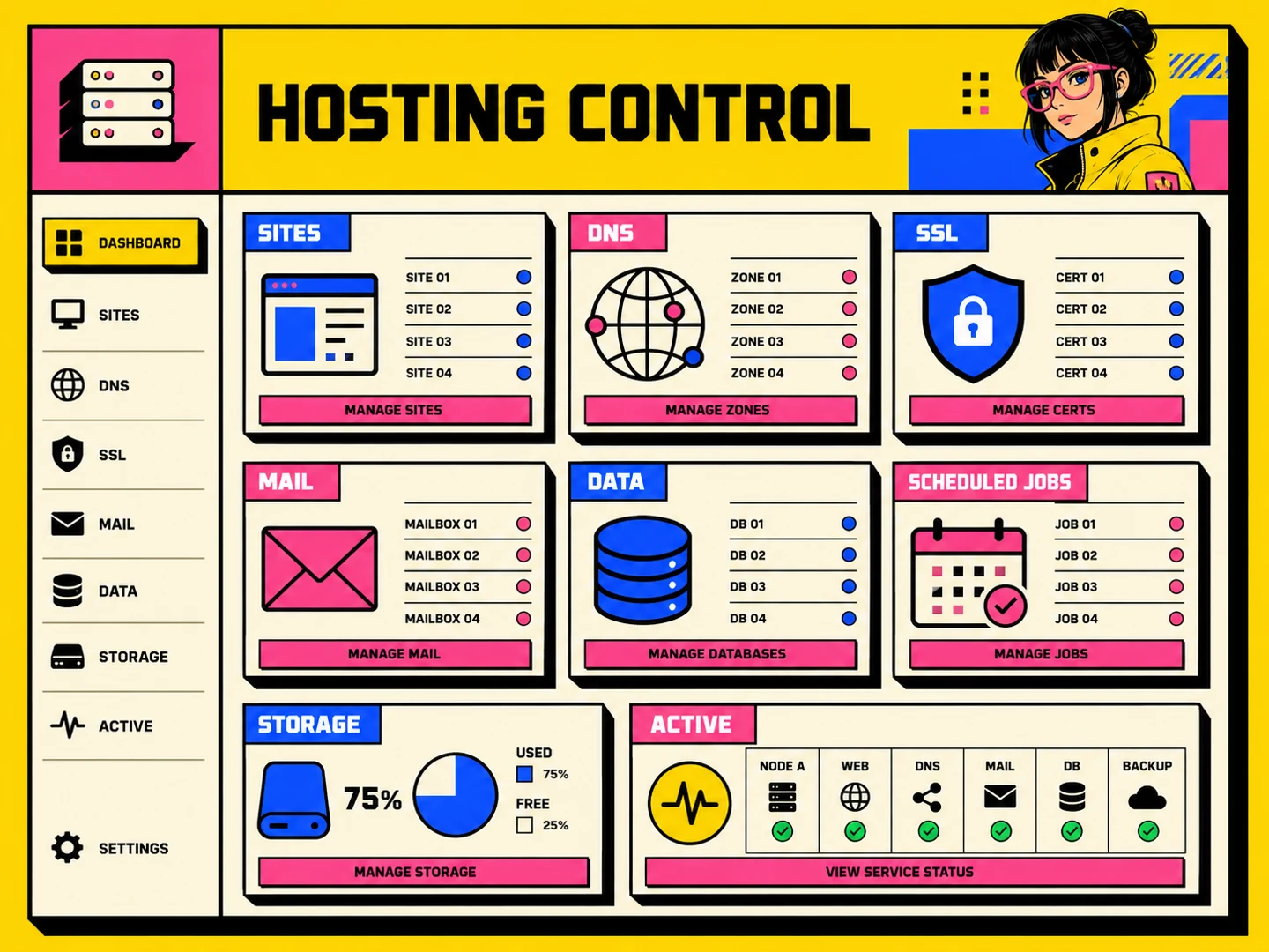 System Administrator hosting control dashboard for sites, DNS, SSL, mail, databases and storage