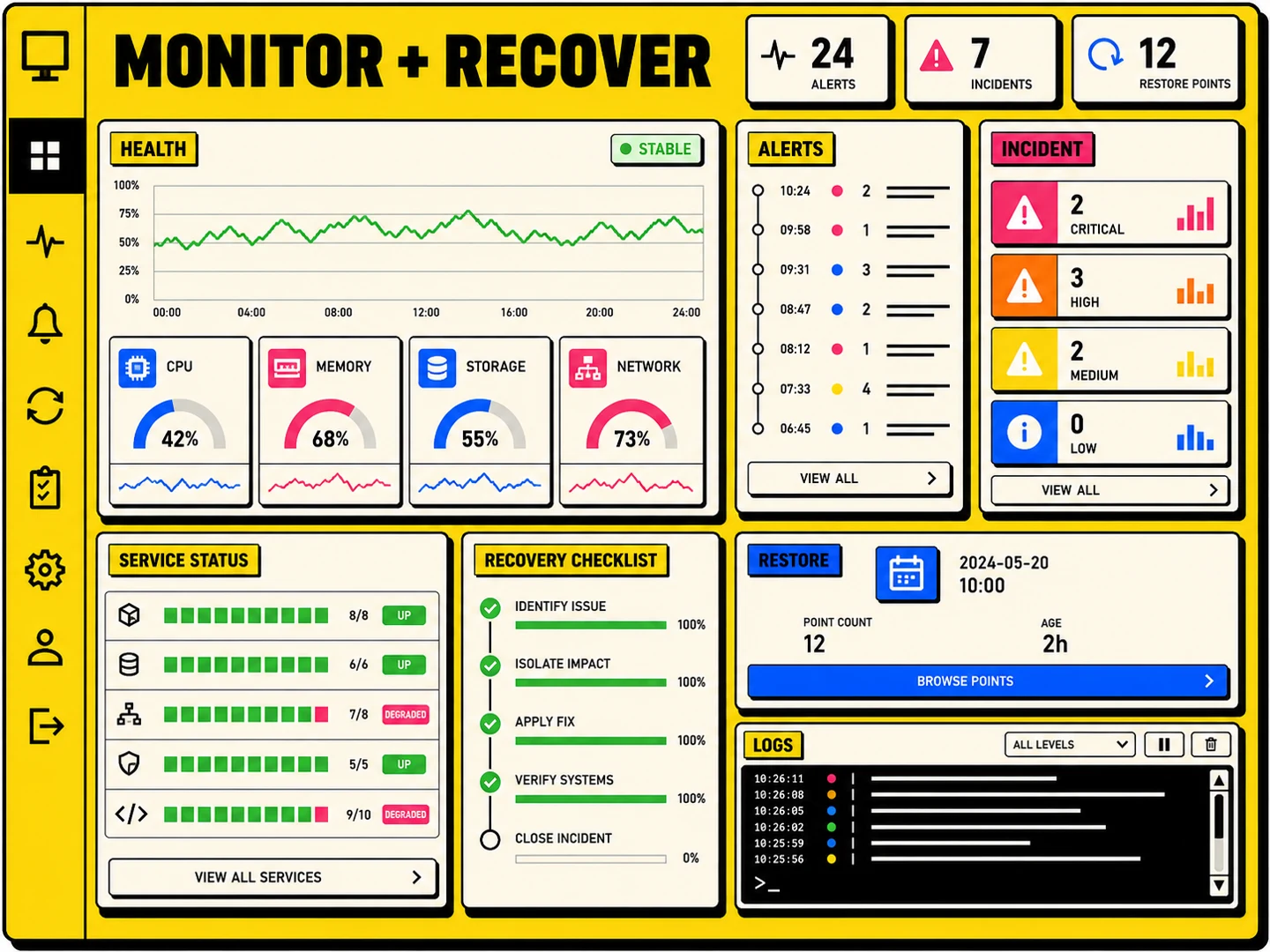 System Administrator monitoring, incident triage and service recovery dashboard