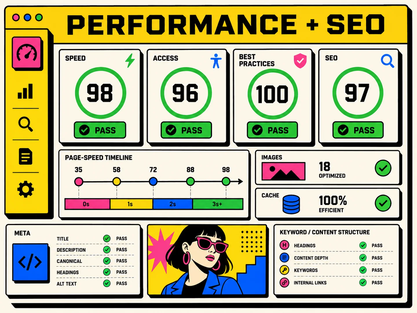 WordPress redesign performance, accessibility and SEO quality dashboard