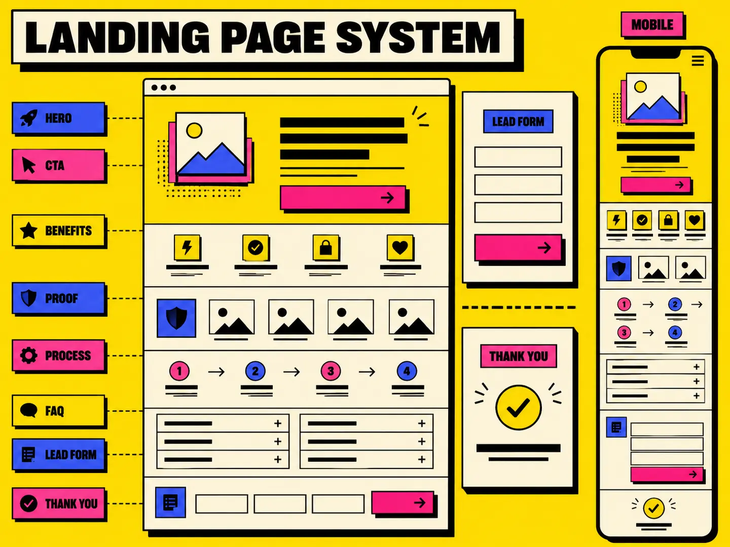 Responsive landing page system with hero, benefits, proof, process, FAQ, lead form and thank-you state