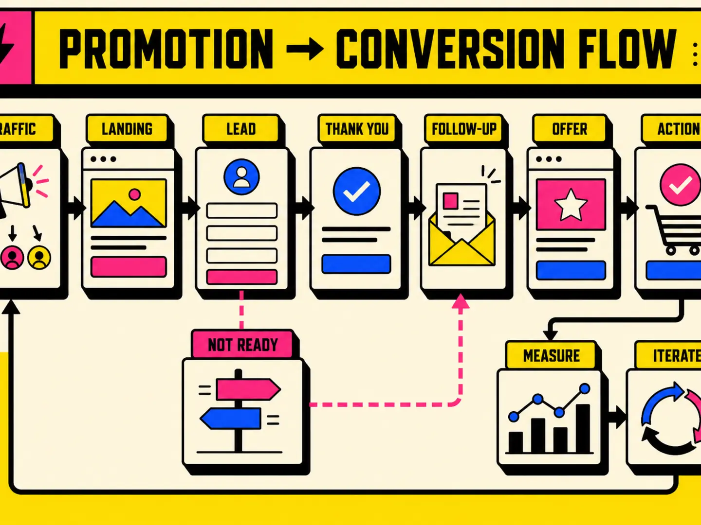Promotion-to-conversion journey connecting traffic, landing page, lead capture, follow-up, offer, action and iteration