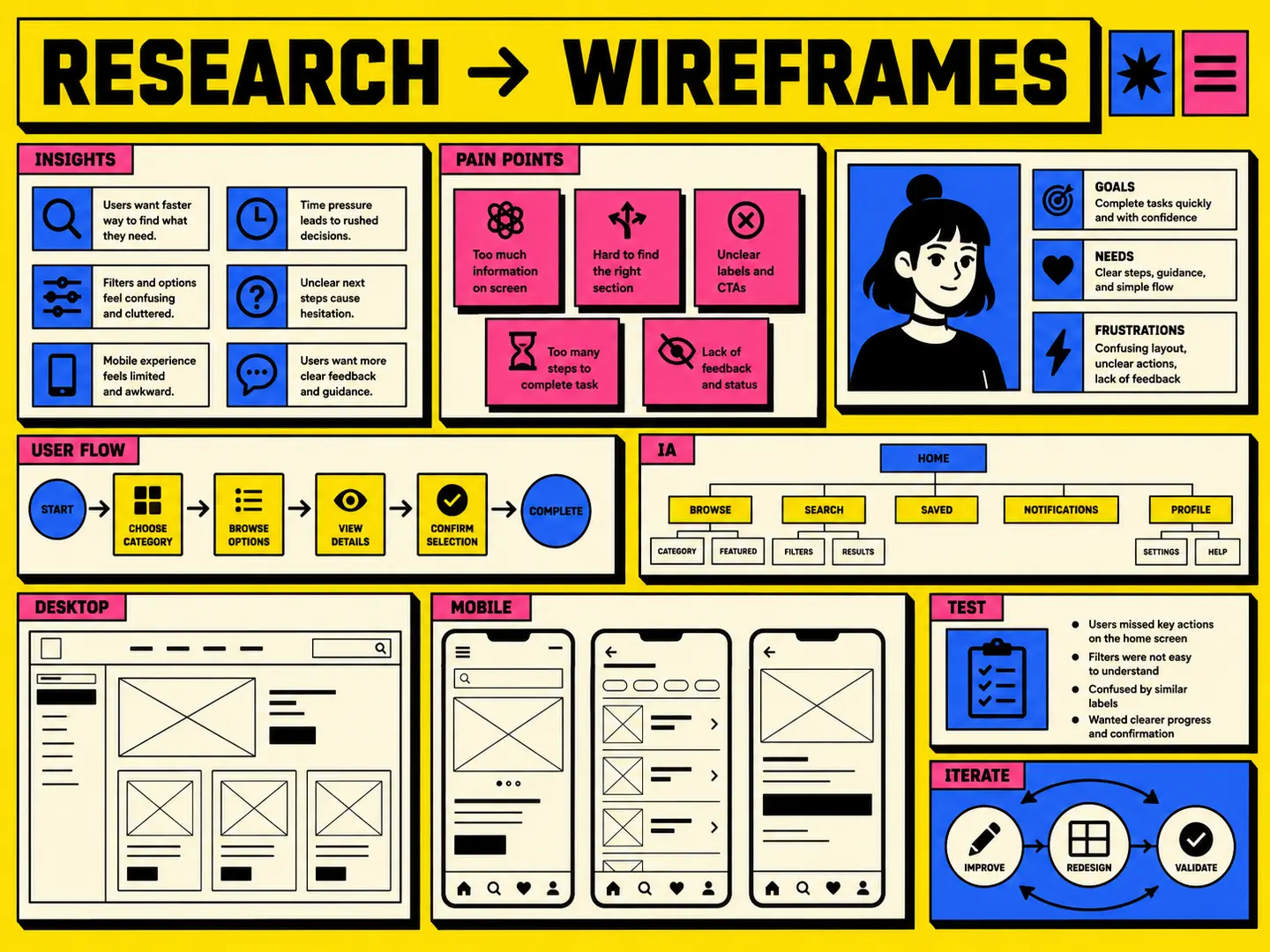 UX research synthesis, user flows, information architecture and desktop and mobile wireframes