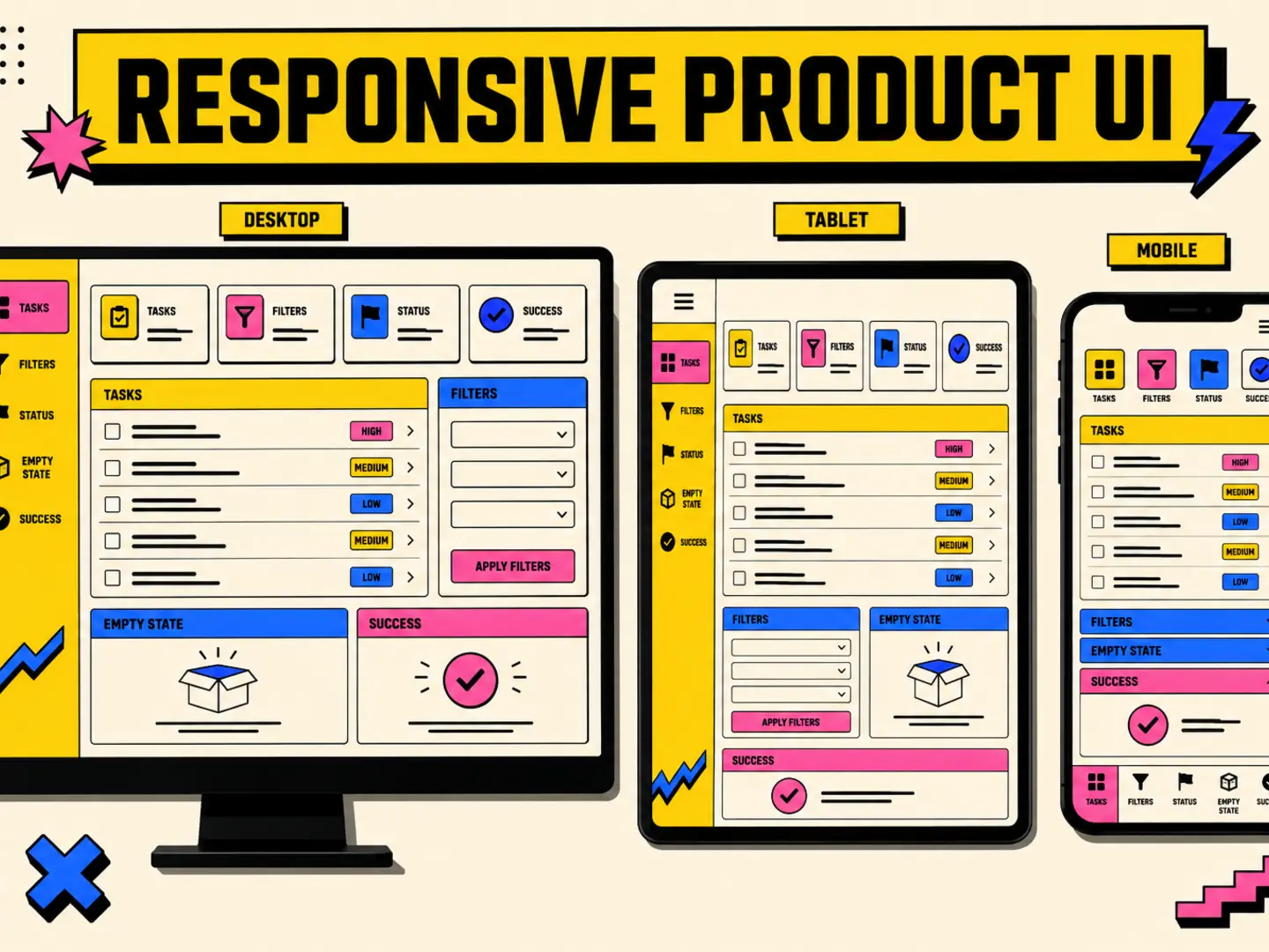 Responsive product interface shown across desktop, tablet and mobile layouts